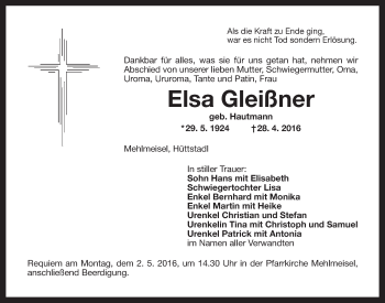 Anzeige von Elsa Gleißner von Nordbayerischer Kurier